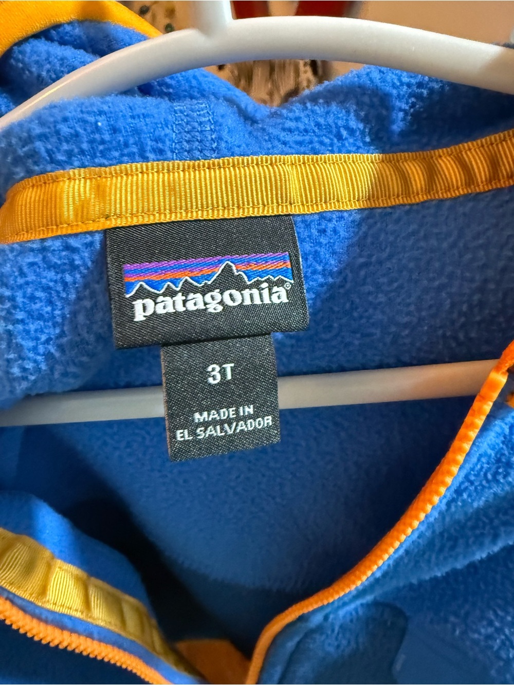 Boys 3T Patagonia Blue Orange Long Sleeve Fleece Jacket Hood - Picture 3 of 4